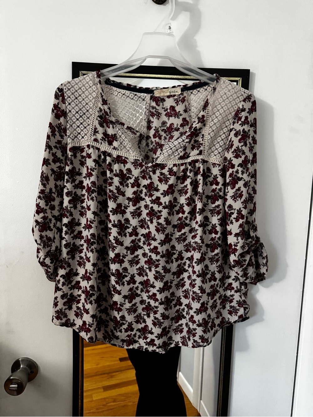 Rewind Taupe Blouse with Burgundy Floral & Lace Yoke